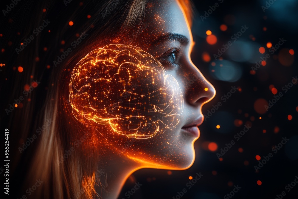 Aufkleber neural collaboration power of thought portrait of a woman with a golden pixelated face symbolizing t
