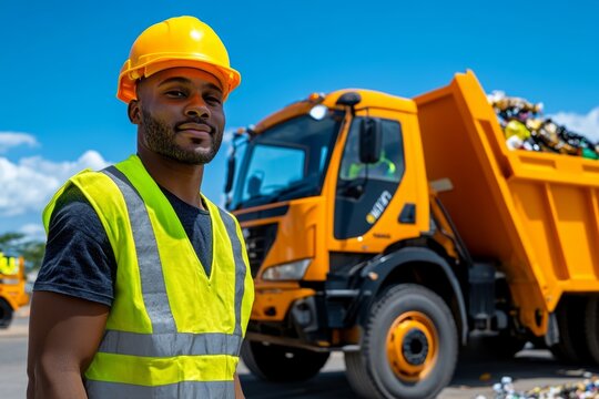 Garbage waste management implementation is captured in a realistic photo of workers executing a well-organized waste collection process