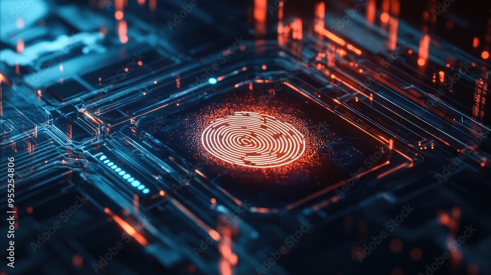 Poster cyber technology interface with a glowing fingerprint, illustrating the concept of personal data sec