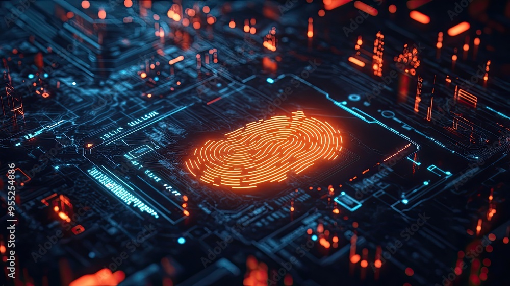 Poster cyber technology interface with a glowing fingerprint, illustrating the concept of personal data sec