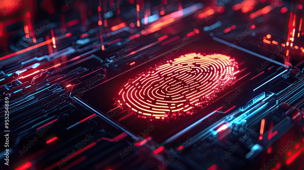 Poster cyber technology interface with a glowing fingerprint, illustrating the concept of personal data sec