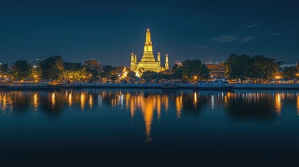Fototapeta premium A tranquil evening scene of Wat Arunaes reflection on the calm waters of the Chao Phraya River, illuminated by warm golden lights, with a clear night sky above