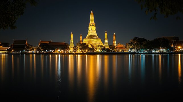 A tranquil evening scene of Wat Arunaes reflection on the calm waters of the Chao Phraya River, illuminated by warm golden lights, with a clear night sky above