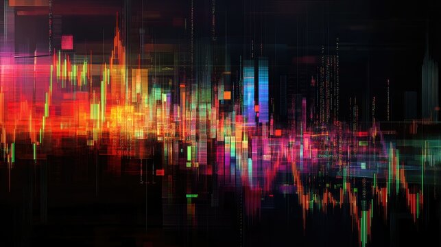 A vibrant and colorful stock market graph, with multiple candlestick charts overlaid, depicting a complex and dynamic market.