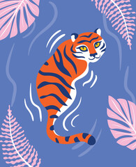 Tiger in water with plants minimalistic illustration