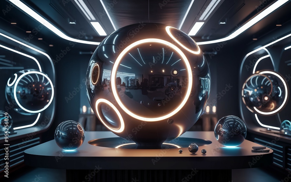 Poster futuristic sphere. illuminated sphere in a futuristic setting with glowing lines. represents innovat