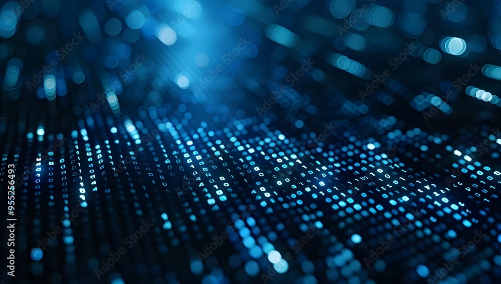 Poster digital background featuring a dark blue and white, pixelated grid with lines of code.
