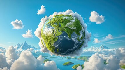 Naklejka premium A surreal depiction of Earth floating among fluffy clouds, symbolizing nature and the beauty of our planet.