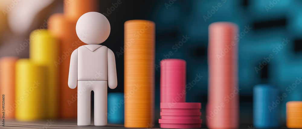 Poster figurine standing before colorful vertical bars representing data visualization, symbolizing progres
