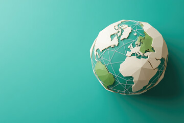 Stylized globe on a teal background, showcasing interconnected continents and abstract geography, symbolizing global connectivity and collaboration.