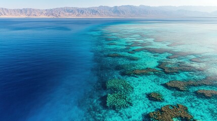 Obraz premium Aerial perspective of Eilat's Coral Reef, showing the extensive coral beds just below the wateraes surface, with shades of blue and turquoise