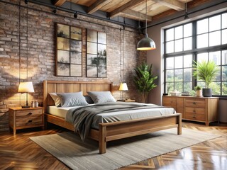 Fototapeta premium Industrial-chic wooden bed frame with metal inset headboard and footboard anchors the room, complementing exposed brick
