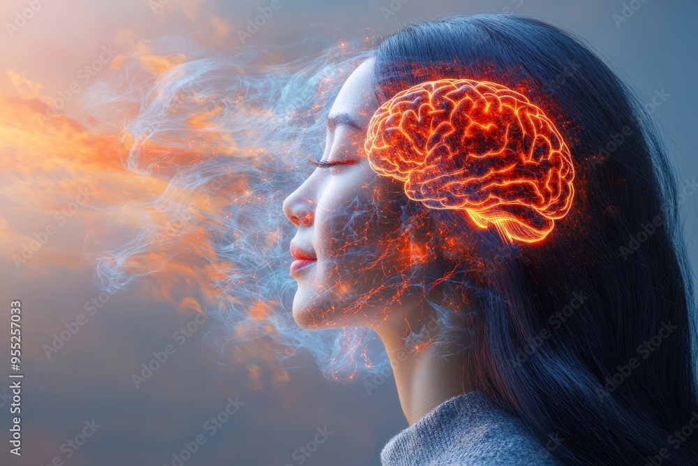 Poster brain mapping brain cortex womans profile with a brain emitting vibrant energy representing the powe