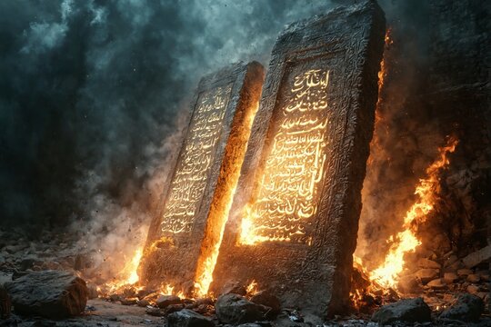 Large stone pillar Arabic writing it which appears stone tablets