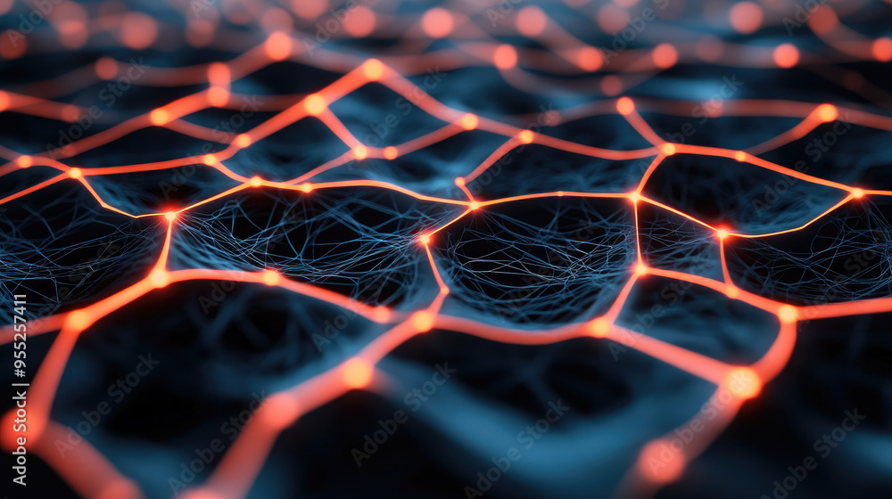 Poster illuminated neural network, a visualization of interconnected nodes glowing in vibrant red and blue,