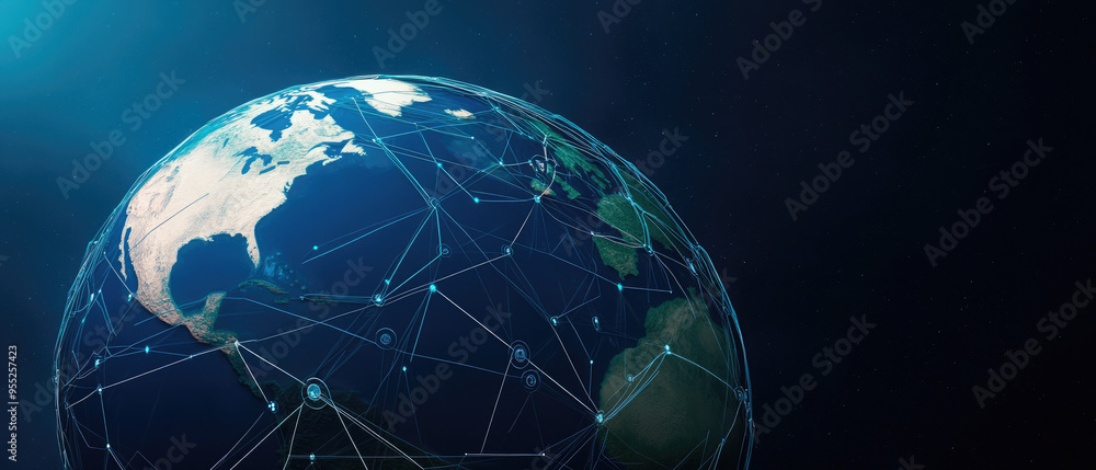 Poster digital globe interconnected by network lines, depicting advanced technology, global communication, 