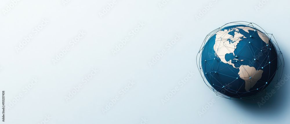 Poster global connectivity, a stylized globe with network connections symbolizing digital communication and