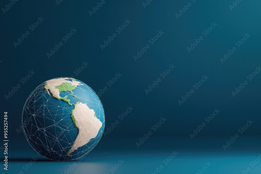 Poster digital earth model, a stylized globe representing continents connected by a network of lines, symbo