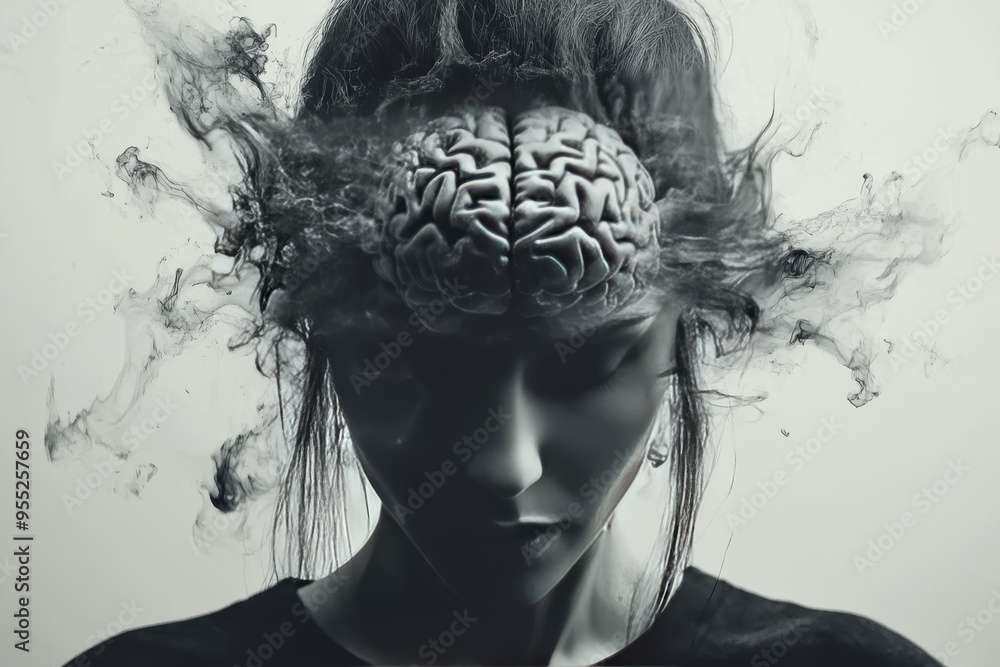 Poster impulse control brain cortex dark and moody depiction of a womans head with her brain exposed and sh
