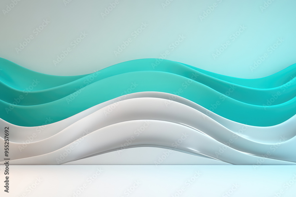 Poster flowing waves in soft aqua tones, a dynamic abstract design featuring undulating curves in soothing 