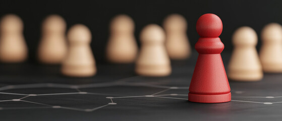Red pawn stands out among wooden pieces on a geometric game board, symbolizing strategy and the pursuit of victory in competitive play