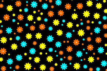 Vibrant and colorful flower pattern illustration with bright blooms scattered across a dark background. Ideal for textile prints, digital backgrounds.