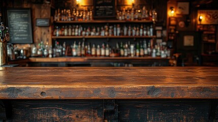 Empty wood table top on blur light gold bokeh of cafe restaurant in dark background