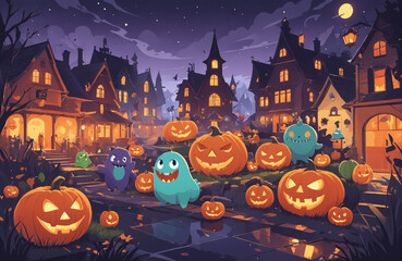 Fototapeta premium cute halloween festival illustration pattern background cartoon with ghost and pumpkin