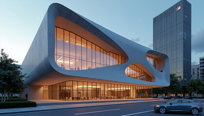 Fototapeta premium Futuristic building with flowing, organic curves and expansive glass facades, illuminated warmly at dusk, symbolizing modern architecture, innovation, and urban sophistication.