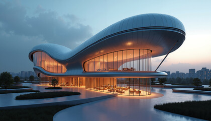 Futuristic building with flowing, organic curves and expansive glass facades, illuminated warmly at dusk, symbolizing modern architecture, innovation, and urban sophistication.
