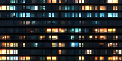 Seamless skyscraper facade with windows and blinds at night. Modern abstract office building background texture with glowing lights against dark black exterior walls. High resolution 3D rendering..