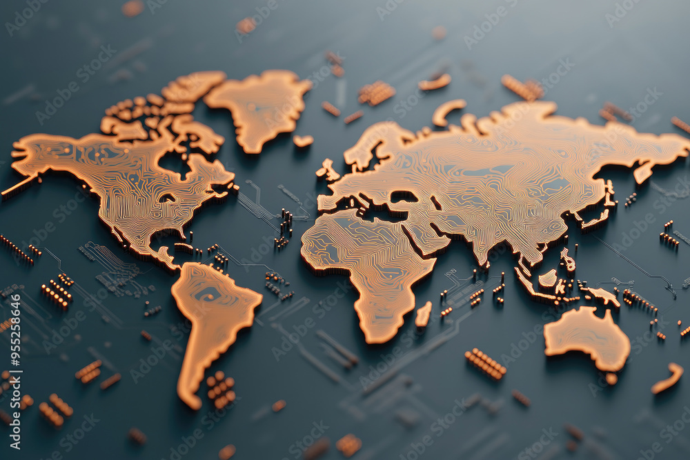 Poster global circuitry, a detailed depiction of a world map crafted from intricate circuitry patterns, hig
