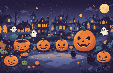 Fototapeta premium cute halloween festival illustration pattern background cartoon with ghost and pumpkin
