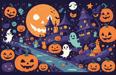 Fototapeta premium cute halloween festival illustration pattern background cartoon with ghost and pumpkin