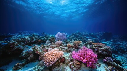 Beautiful coral garden in Eilataes underwater sanctuary, featuring soft and hard corals in various hues, set against a backdrop of deep blue sea