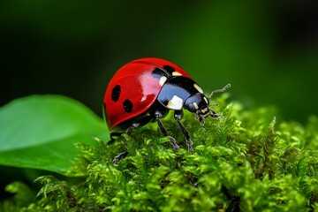 Fototapeta premium Ladybugs, nestled in moss, tiny red spots bring a pop of color to the green carpet of the forest floor