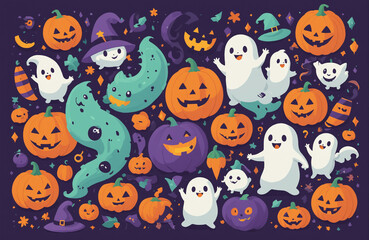 cute halloween festival illustration pattern background cartoon with ghost and pumpkin