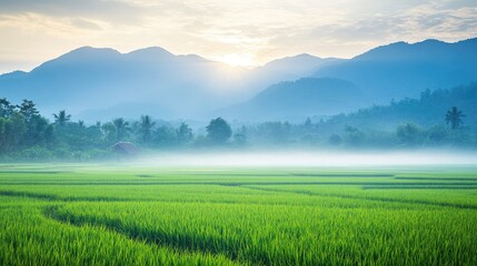 Fototapeta premium Beautiful green rice fields stretching towards the mountains in the morning light, Nan province, Thailand, with a layer of mist hovering over the vibrant landscape