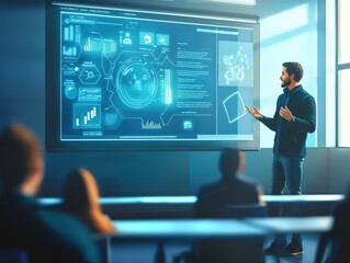Obraz premium Businessman Presenting Data on Interactive Screen.