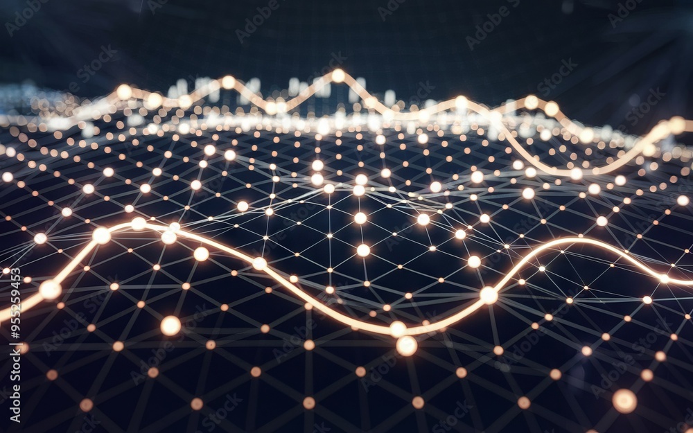 Poster network digital landscape. abstract glowing network landscape with connected nodes and lines represe