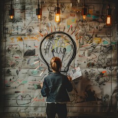 Person Sketching Ideas on Giant Lightbulb Shaped Canvas Highlighting Creative Process and Concept Evolution