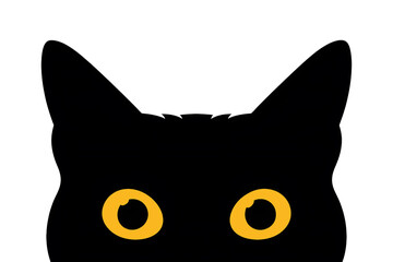 black cat with yellow or amber colored eyes, illustration cut out and isolated on transparent background