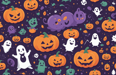 cute halloween festival illustration pattern background cartoon with ghost and pumpkin