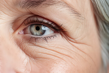 Fototapeta premium healthy aging awareness ,wrinkle ,age, vision and old people concept - close up of senior woman face and eye