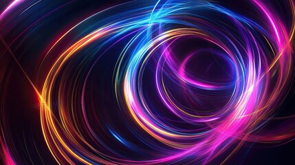 Bright neon swirl trails forming an abstract circular pattern, with lens flares and luminous effects, creating a sense of dynamic energy and futuristic power