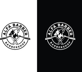 Stylish logo design for Alfa Barber Barbershop featuring a lion and scissors on contrasting backgrounds