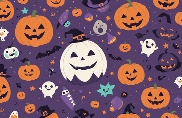 cute halloween festival illustration pattern background cartoon with ghost and pumpkin
