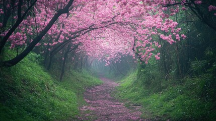 Cherry blossoms arching over a quiet trail in Smangus Tribe, framing the path with vibrant pink hues against the rich greenery of Hsinchu, Taiwan