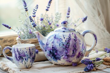 A delicate lavender tea set using alcohol ink technique displayed against a floral lavender backdrop on a kitchen table near the window