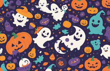 cute halloween festival illustration pattern background cartoon with ghost and pumpkin